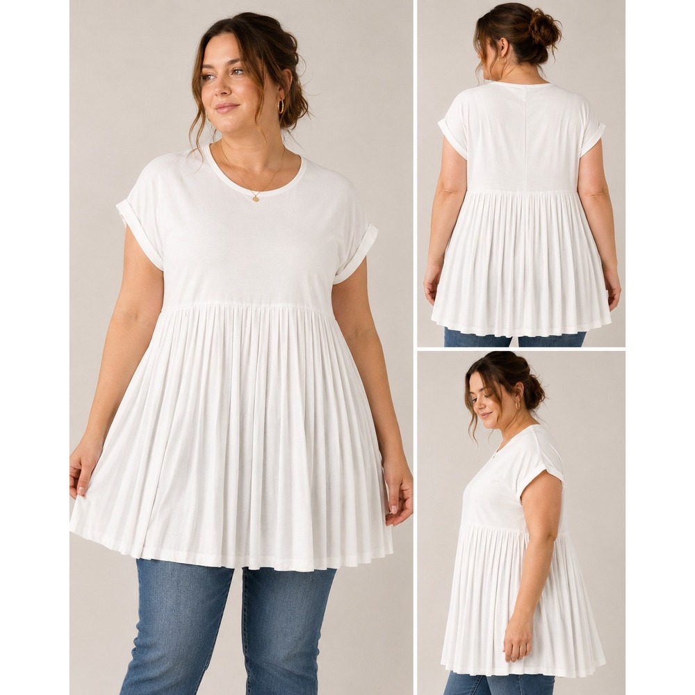 Elizabeth & Nicole Womens White Pleated Peplum‎ Babydoll Tunic Top 2XL New